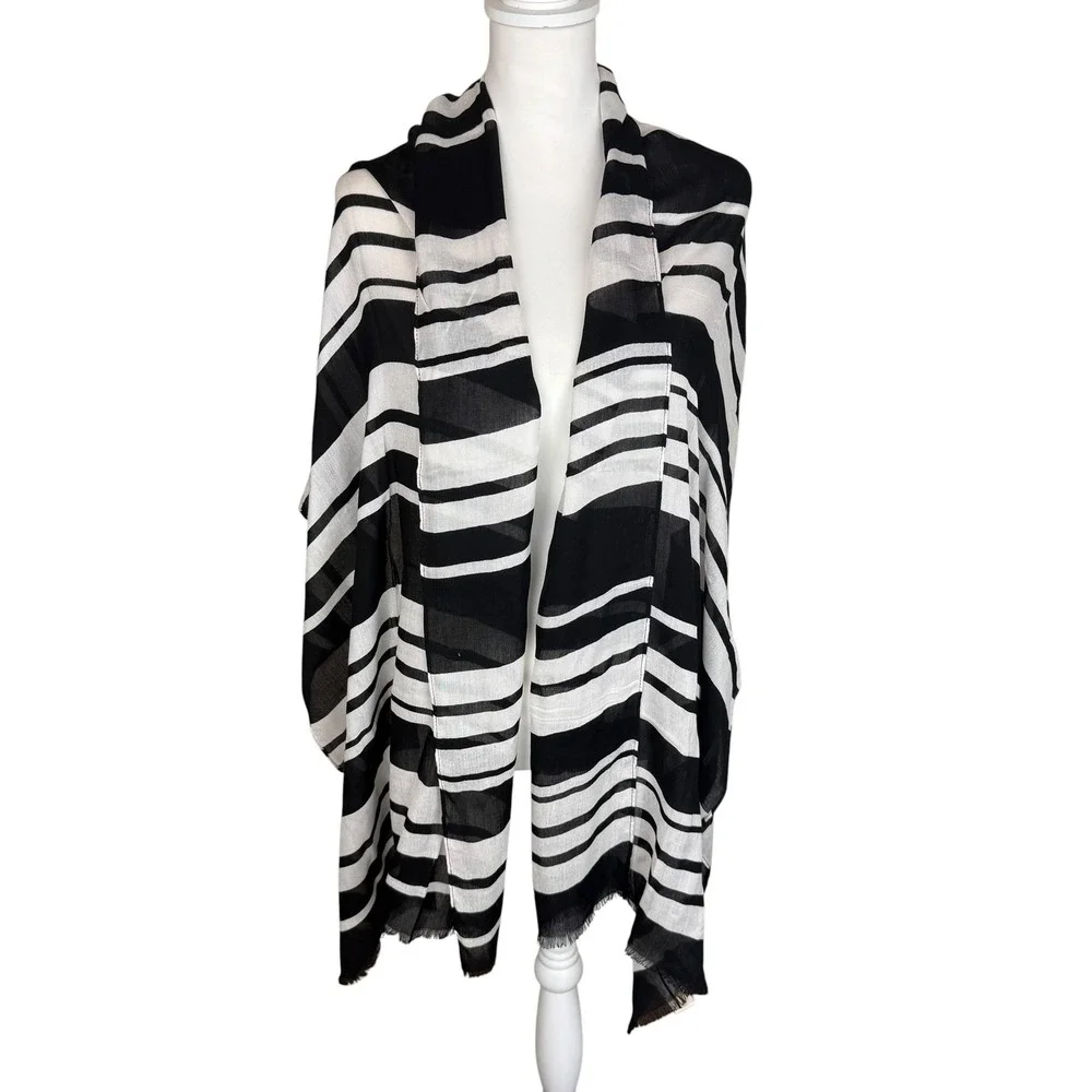 Kate Spade New York Scarf Black White‎ Striped Viscose Lightweight Wrap Shawl